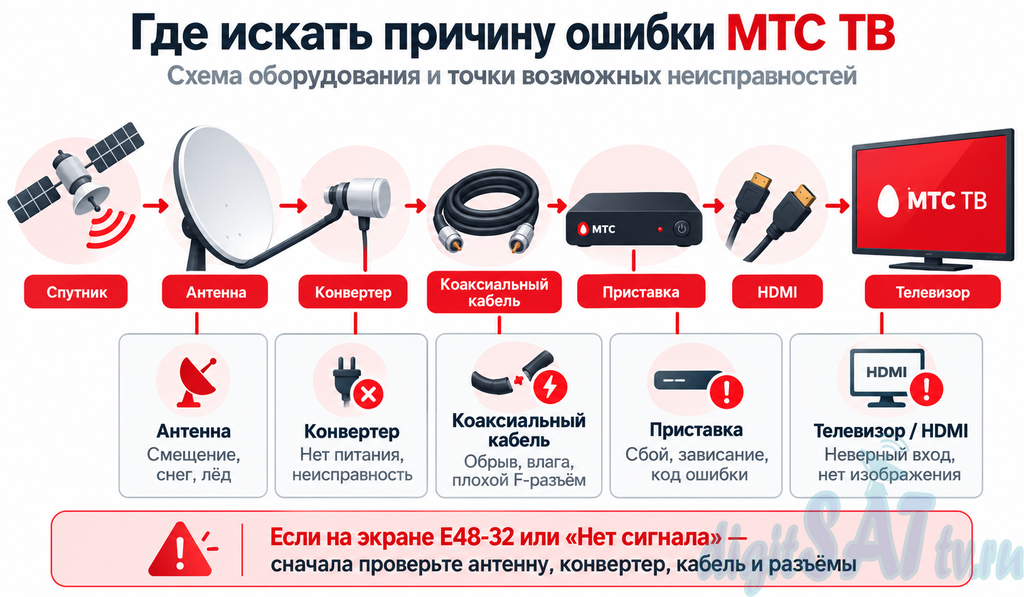 Схема спутниковой системы МТС ТВ с точками возможных неисправностей