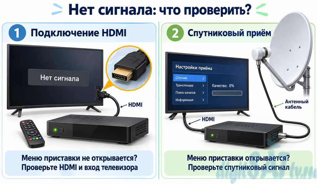 Проверка HDMI и спутникового сигнала, когда НТВ‑ПЛЮС не показывает