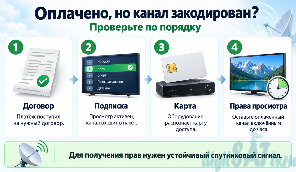 Что проверить, если НТВ‑ПЛЮС оплачен, но канал остаётся закодированным