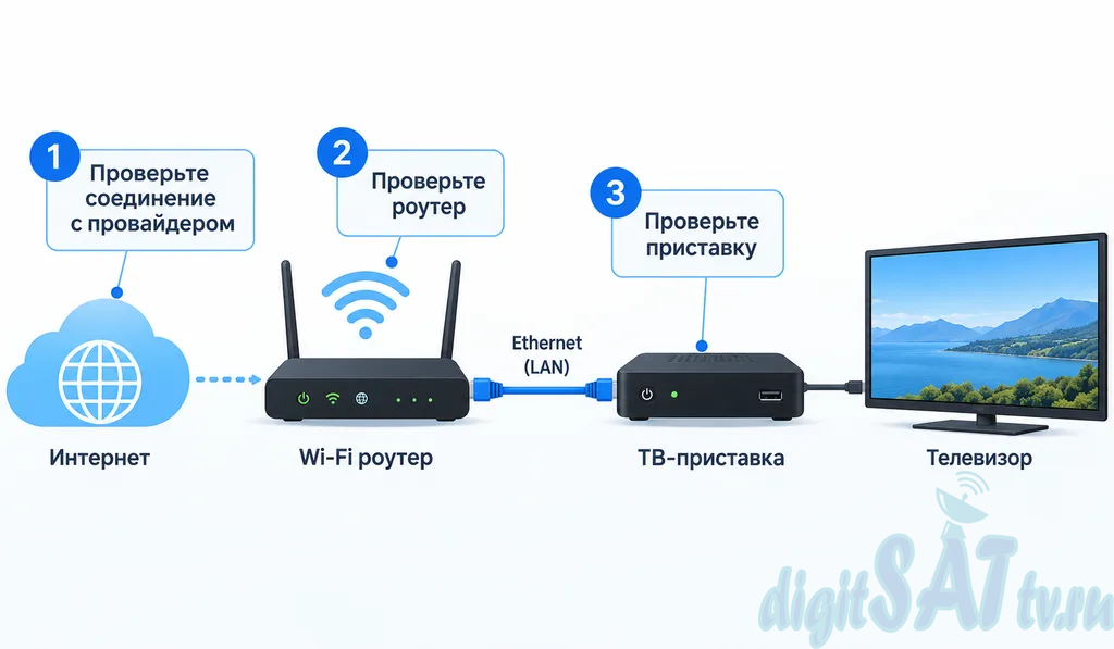 Схема проверки интернет-соединения при ошибке 34 Триколор: роутер, приставка и телевизор.